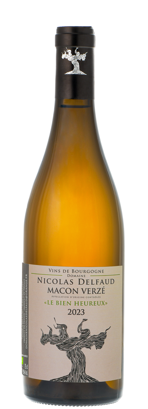Bouteille de Mâcon-Verzé blanc Le Bienheureux bio : Vin de Bourgogne blanc, appellation d'origine contrôlée.