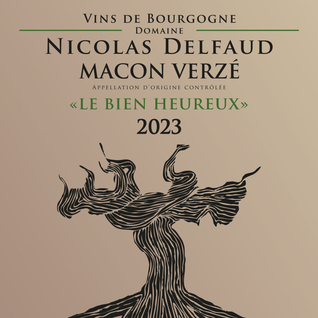Etiquette de la bouteille de Mâcon-Verzé blanc Le Bienheureux bio : Vin de Bourgogne blanc, appellation d'origine contrôlée.